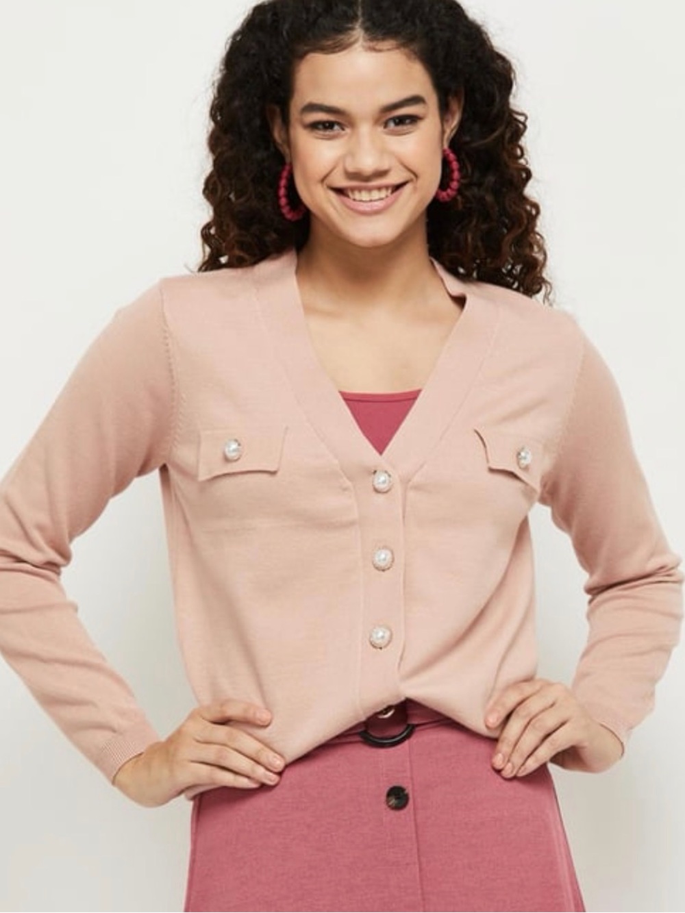 T Tahari Blush Pink V-Neck Pearl Button Cardigan